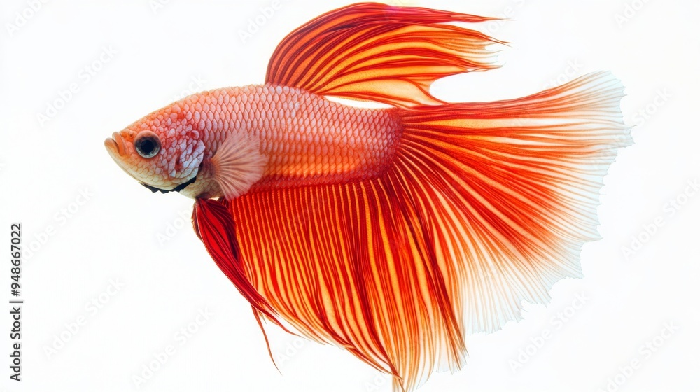 Poster a panoramic view of a betta fish with flowing fins, swimming calmly against a white backdrop, captur