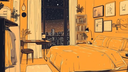 Futuristic room sketch with cozy elements: queen bed, study table, wardrobes, bookshelf with books, and potted plants. 