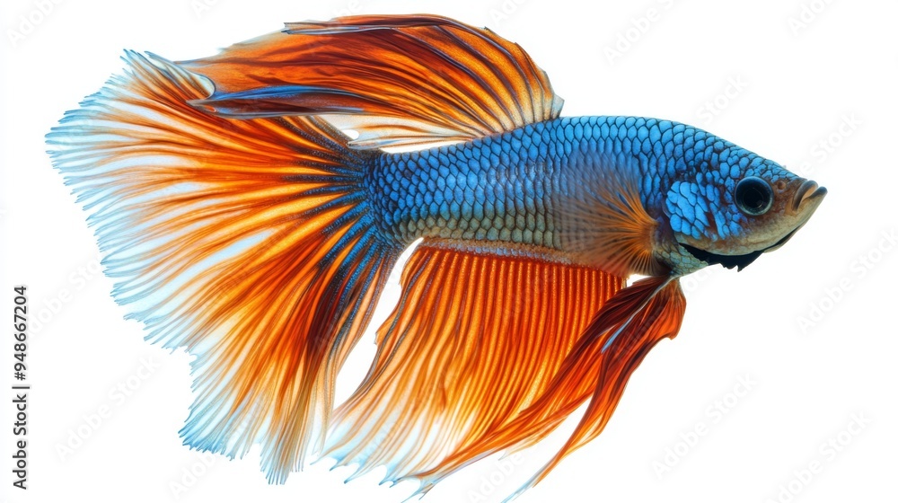 Poster a panoramic view of a betta fish with flowing fins, swimming calmly against a white backdrop, captur
