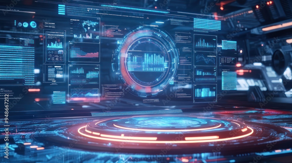 Poster futuristic interface with holographic display and data visualization