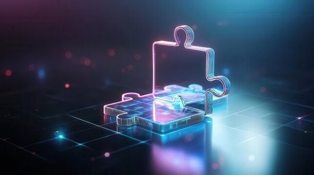 Neon glowing puzzle piece on a digital background.
