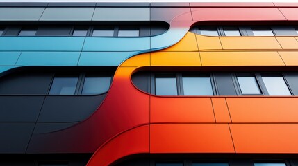 This image showcases a modern building facade featuring a vibrant and abstract design with blue and orange panels, illustrating contemporary architecture.