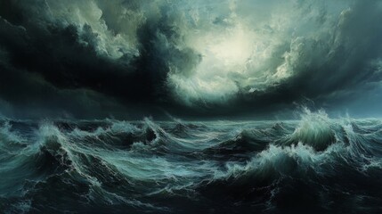 A panoramic view of a stormy seascape with crashing waves and dark, ominous clouds overhead, highlighting the intensity and chaos of the approaching storm.