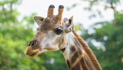 Obraz premium Giraffe face portrait, green trees on backdrop. Wild African animal. Safari park. Zoo concept.