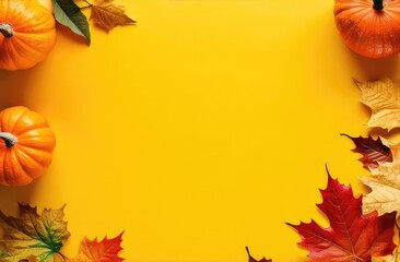 flatlay composition of pumpkins, autumn leaves with copy space on yellow backdrop. harvest concept