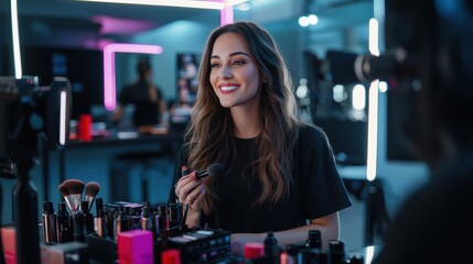 Content creator records beauty tutorials with makeup products neatly arranged on a dressing table.