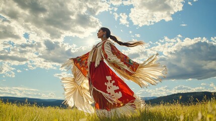 Fototapeta premium Graceful Indigenous Woman in Traditional Attire Against a Scenic Sky