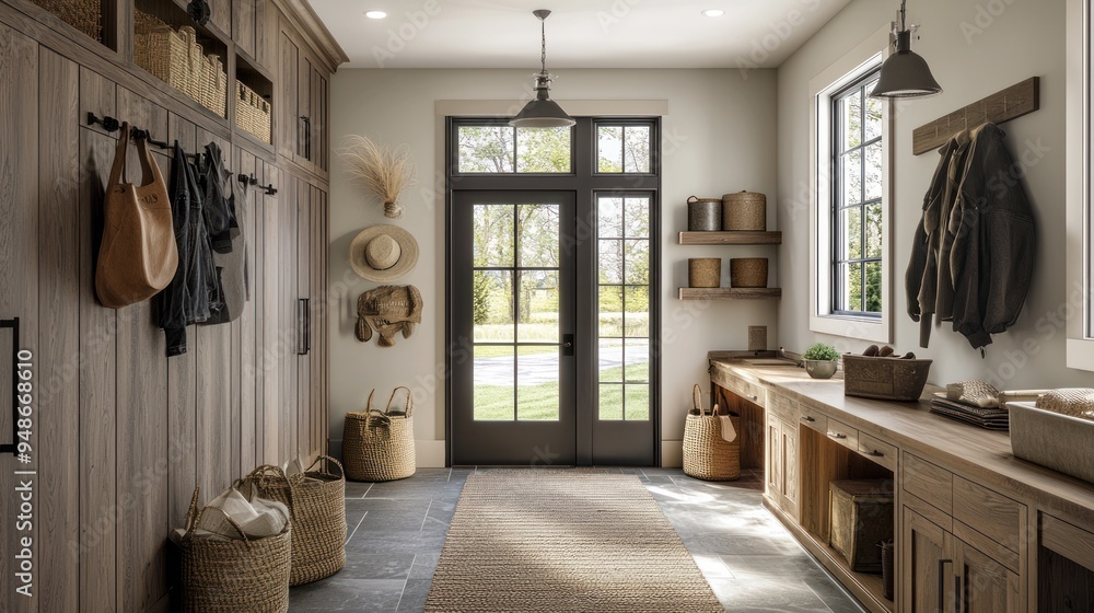 Canvas Prints A rustic mudroom with a wooden bench, a coat rack, and a woven rug.