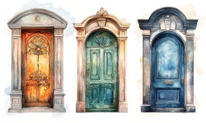 Watercolor painting of three beautiful, elegant luxury doors with different designs, isolated on a white background
