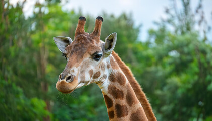 Naklejka premium Giraffe face portrait, green trees on backdrop. Wild African animal. Safari park. Zoo concept.