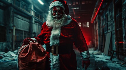 Type: full shot, , Subject: menacing Santa Claus with bloodstained clothes and a sinister grin, holding a sack with ominous contents, Environment: dark, abandoned warehouse