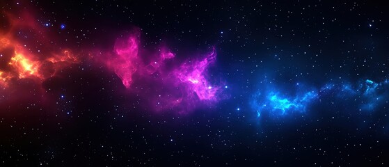 A stunning cosmic scene featuring vibrant nebulae in shades of pink, blue, and orange against a starry backdrop.