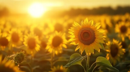 Fototapeta premium A picturesque scene of a sunflower field at sunset, with warm golden light casting a soft glow over the blooming flowers and creating a serene atmosphere.