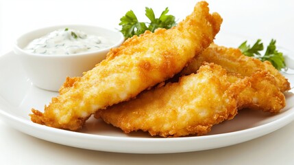 A plate of crispy fried fish fillets with a side of tartar sauce, arranged on a white background to emphasize the golden-brown texture and appetizing look. - Powered by Adobe