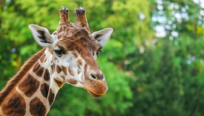 Obraz premium Giraffe face portrait, green trees on backdrop. Wild African animal. Safari park. Zoo concept.