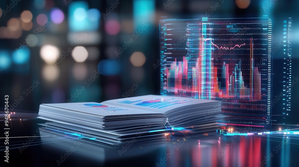 Poster stack of papers illuminated by neon lights on a reflective surface.