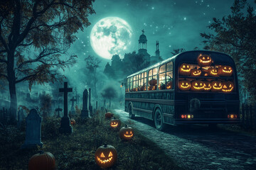 A spooky bus filled with glowing pumpkins travels a haunted road by a cemetery under the full moon