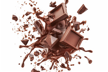 Fototapeta premium Chocolate splash with pieces of dark and milk chocolate on a white background.
