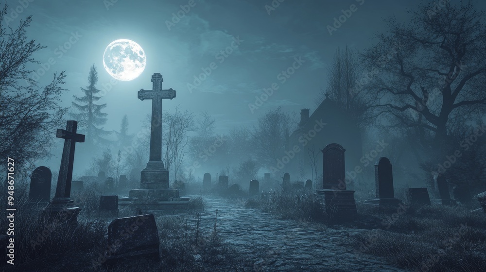 Canvas Prints The graveyard below a full moon is dark and eerie, with looming tombstones.