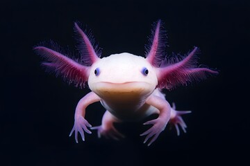 Detailed macro photograph of a pink axolotl in dark water showing its unique aquatic features