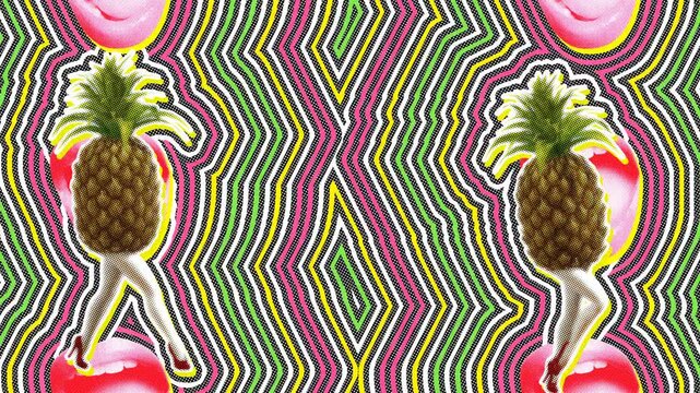 Seamless young animation of cartoon style walking pineapple with wave echo and halftone effect effect. Animation fashion design. Stop motion contemporary photo montage art collage background.