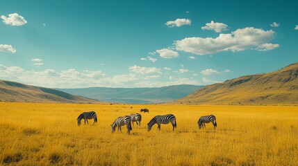 Majestic Zebras Grazing in Golden Savanna Landscape