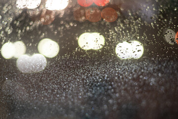 Blurred background with raindrops and lights.