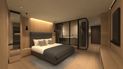 Modern Bedroom Interior Design with Wooden Walls and Minimalist Furniture.