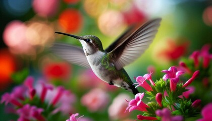 Hummingbirds with Fluttering Wings Around a Flowering Garden
