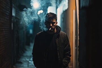 Man in dark alley smoking in the midst of swirling mist.