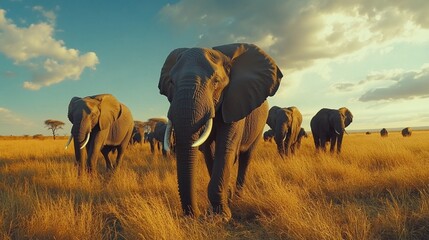 Majestic Elephants in Golden Savanna at Sunset