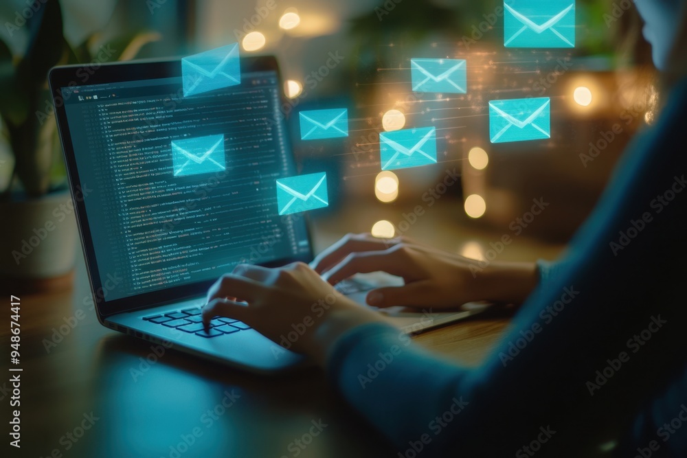 Poster a person typing on their laptop, with the screen showing an email interface and various envelopes fl