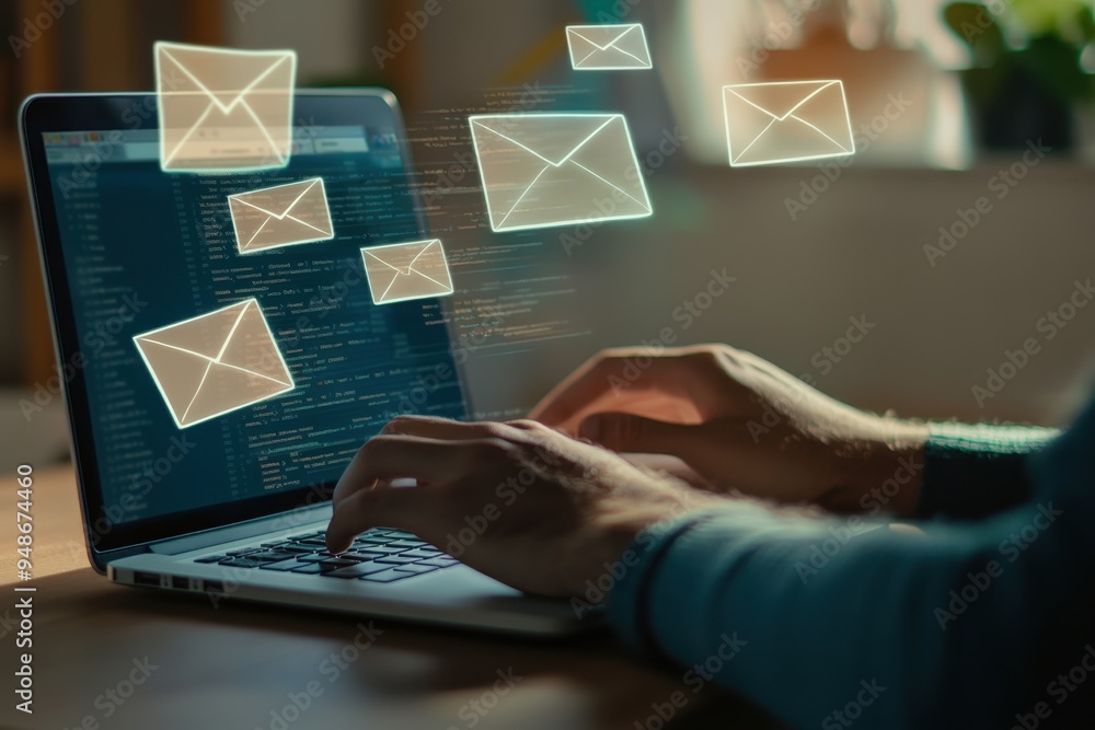 Poster a person typing on their laptop, with the screen showing an email interface and various envelopes fl