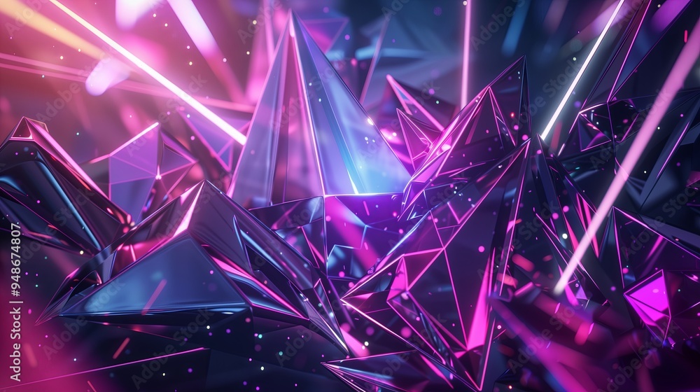 Poster A bold abstract background with a collage of fragmented polygons in neon colors. The design includes