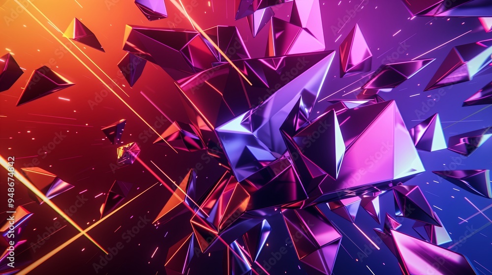 Poster A bold abstract background with a collage of fragmented polygons in neon colors. The design includes