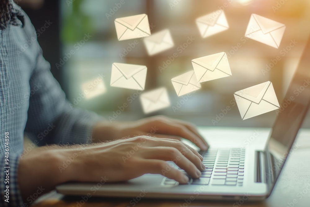 Poster close-up of a man typing on a laptop, with white envelopes flying out from the keyboard and an icon 