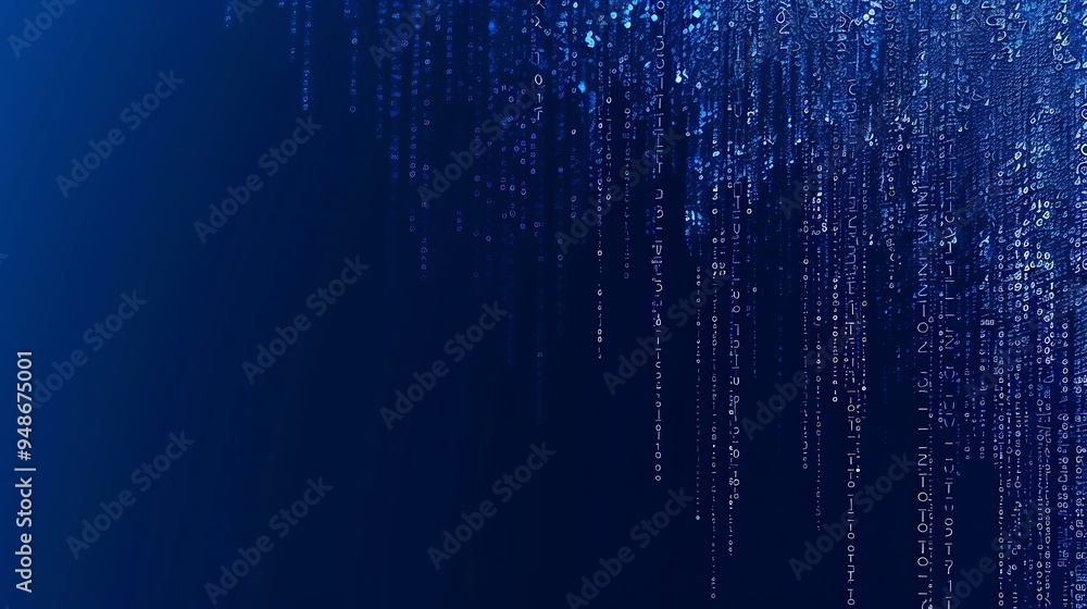 Poster an ascii art inspired design with an assortment of random symbols cascading across a rich blue backg