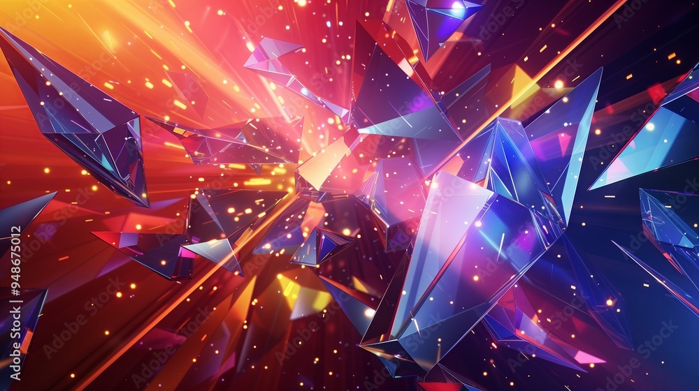 Poster A bold abstract background with a collage of fragmented polygons in neon colors. The design includes