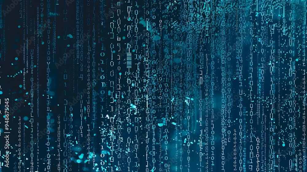 Poster an ascii art inspired design with an assortment of random symbols cascading across a rich blue backg