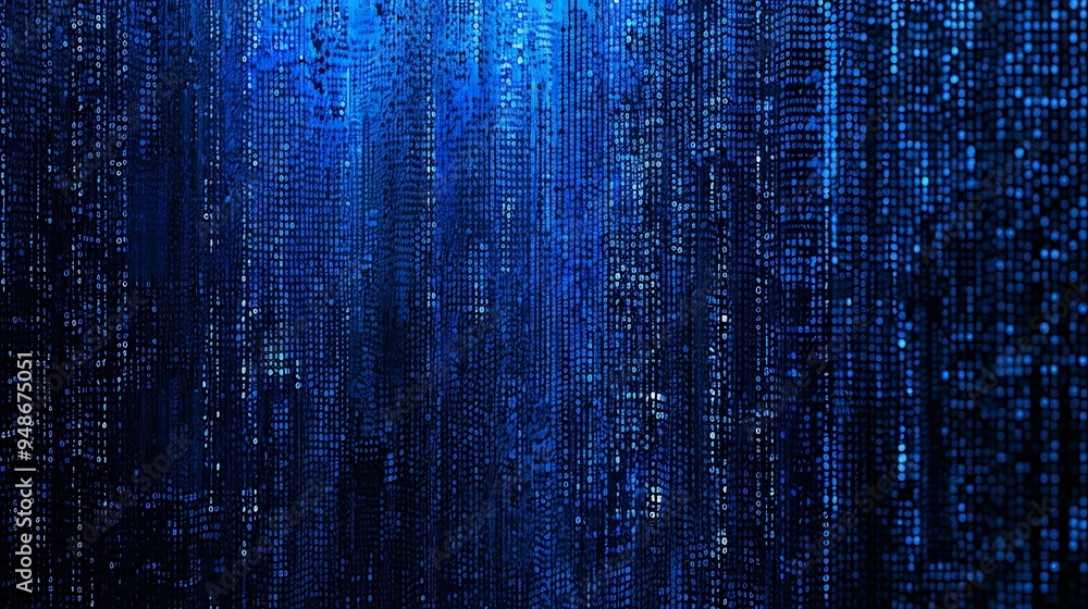 Poster an ascii art inspired design with an assortment of random symbols cascading across a rich blue backg