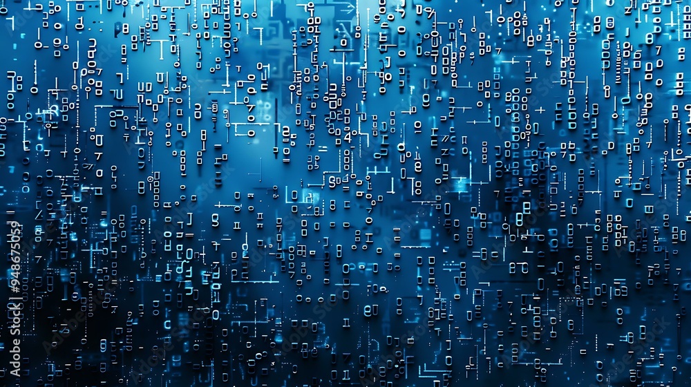 Poster a detailed graphic of random ascii characters layered over a gradient blue background, with varying 