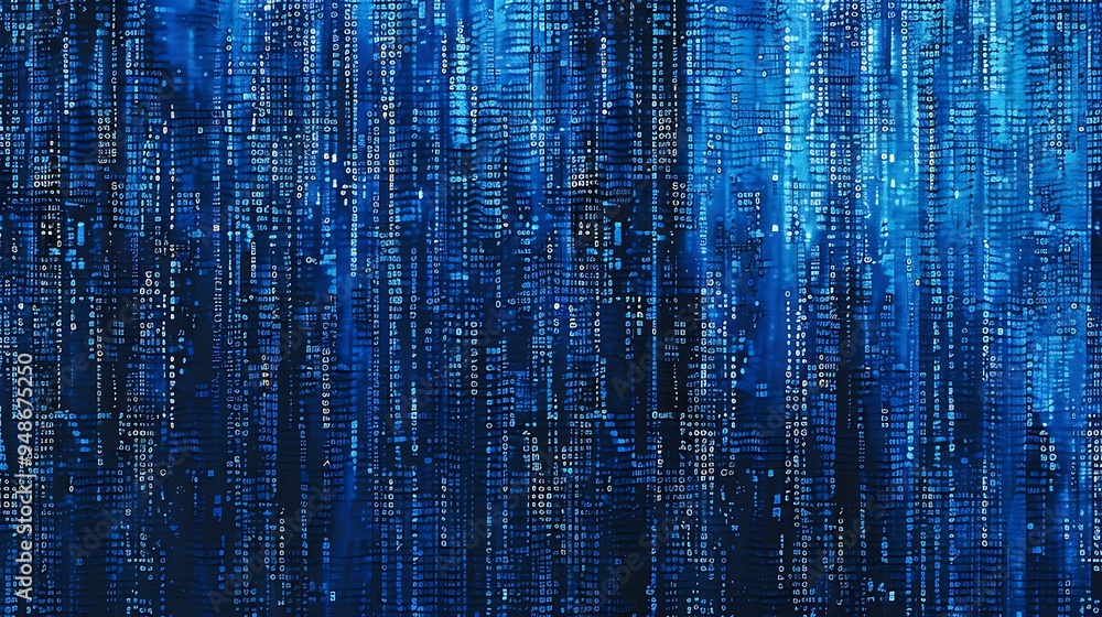 Poster an ascii art inspired design with an assortment of random symbols cascading across a rich blue backg