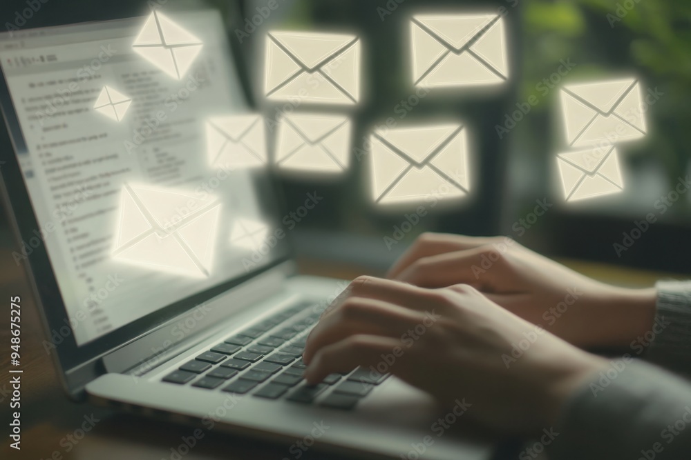 Poster a person typing on their laptop, with the screen showing an email interface and multiple white envel