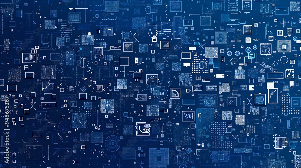 Poster An ASCII art style illustration featuring a random array of symbols and characters scattered across a deep blue background, creating a digital mosaic effect with varying densities and patterns