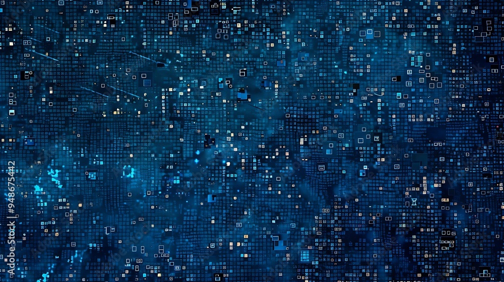 Poster An ASCII art style illustration featuring a random array of symbols and characters scattered across a deep blue background, creating a digital mosaic effect with varying densities and patterns