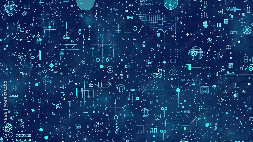Aufkleber An ASCII art style illustration featuring a random array of symbols and characters scattered across a deep blue background, creating a digital mosaic effect with varying densities and patterns