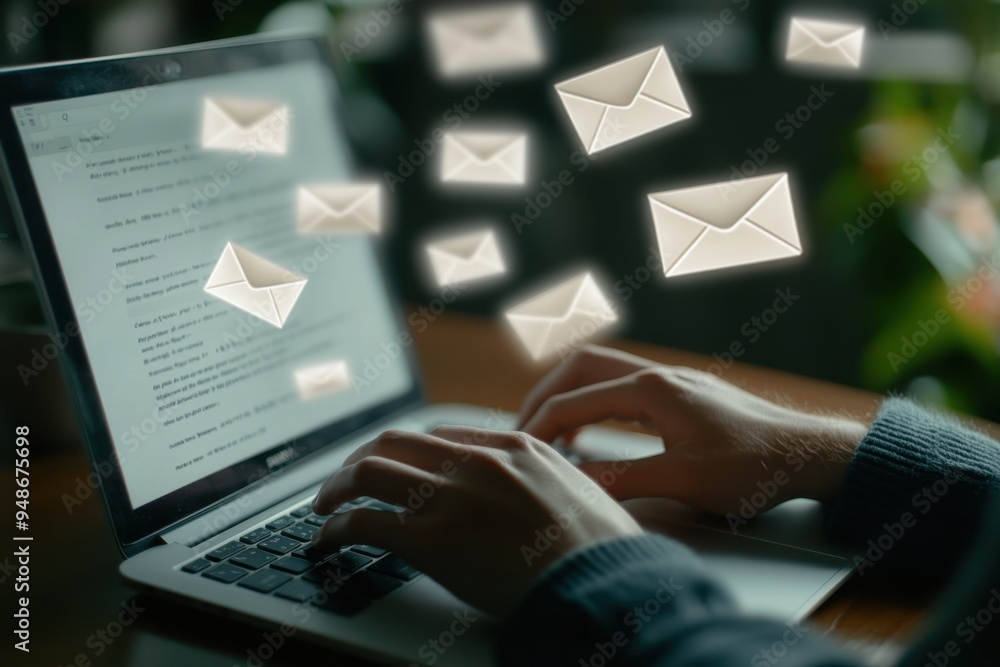 Poster a person typing on their laptop, with the screen showing an email interface and white envelopes floa
