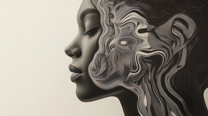 Dynamic Duality: Monochrome Artwork Featuring Smooth Profiles and Whimsical Graphics - Perfect for Sports Interior Posters Celebrating the Contrast of Human Experience