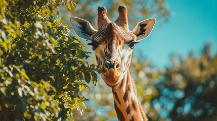 Obraz premium Majestic Giraffe Peeking Through Greenery in Natural Habitat