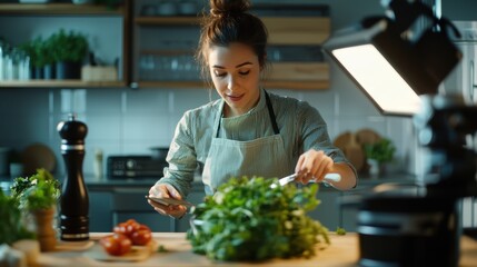 A content creator preparing a cooking vlog, arranging ingredients on a kitchen counter with professional lighting - Powered by Adobe